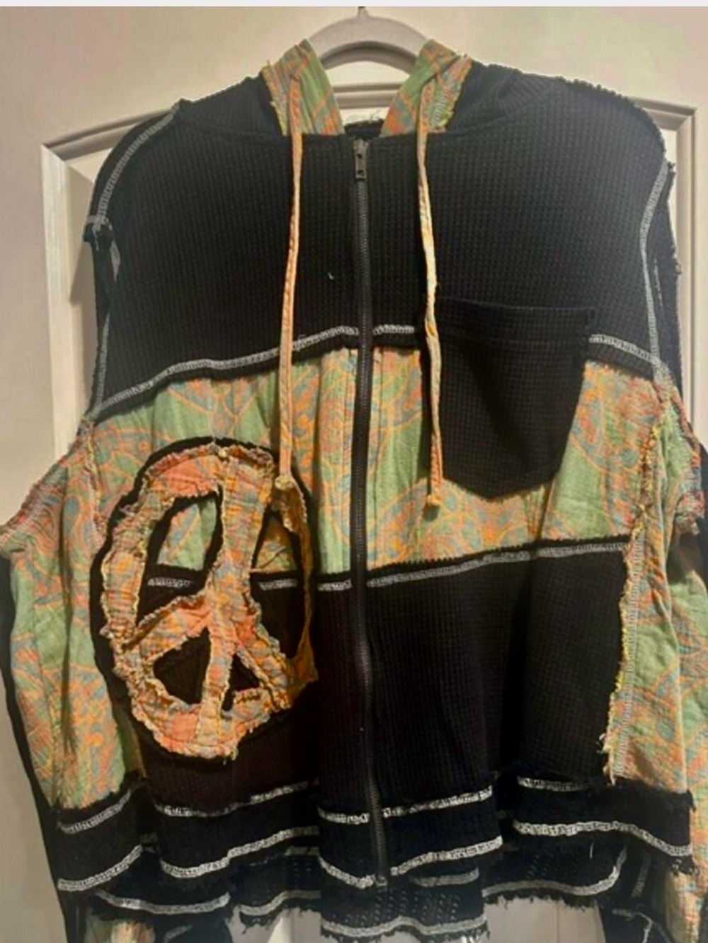 POL pre- loved Patchwork Peace Sign Zip Hoodie in Black and Pastel